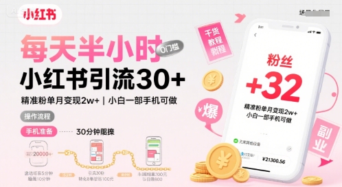 每天半小时小红书引流30+，精准粉单月变现2w+，小白新手一部手机可做，今天5分钟硬核实操-鼎铸网