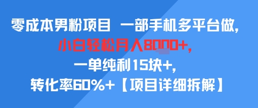 零成本男粉项目 一部手机多平台做，小白轻松月入8k+，一单纯利15块+，转化率60%+【项目拆解】-鼎铸网