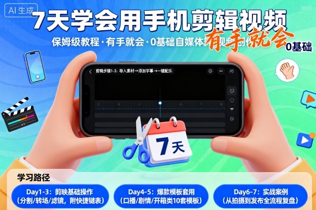 7e5a4a9e5ada6e4bc9ae794a8e6898be69cbae589aae8be91e8a786efbc8ce4bf9de5a786e7baa7e69599e7a88befbc8ce69c89e6898be5b0b1e4bc9aefbc8c0e59fba_68d903962dcc6.jpeg 7天学会用手机剪辑视,保姆级教程,有手就会,0基础自媒体短视频创作教程