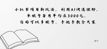 小红书项目新玩法，利用AI快速涨粉，单账号每月平均在3k，后面可以多账号，手把手教会-鼎铸网