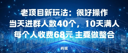 老项目新玩法：很好操作当天进群人数40个，10天满人每个人收费68米 主要做整合-鼎铸网