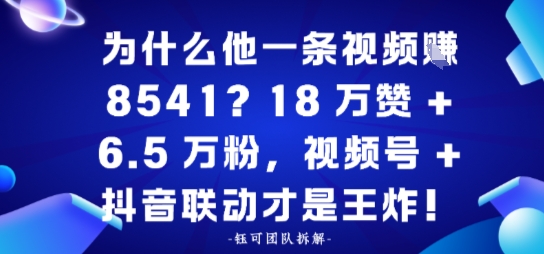 为什么他一条视频賺8541？18万赞+6.5 W粉，视频号+抖音联动才是王炸！-鼎铸网