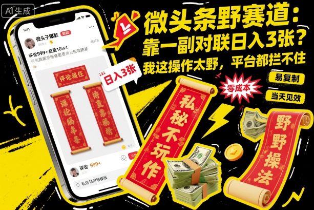 微头条野赛道，靠一副对联日入3张？我这操作太野，平台都拦不住！-鼎铸网