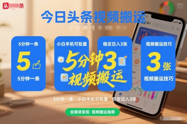 今日头条视频搬运，5分钟一条，小白手机可批量，稳定日入3张-鼎铸网
