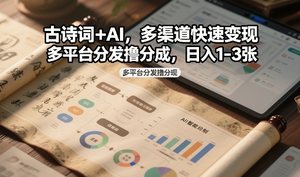 古诗词+AI，多渠道快速变现，多平台分发撸分成，日入1-3张-鼎铸网