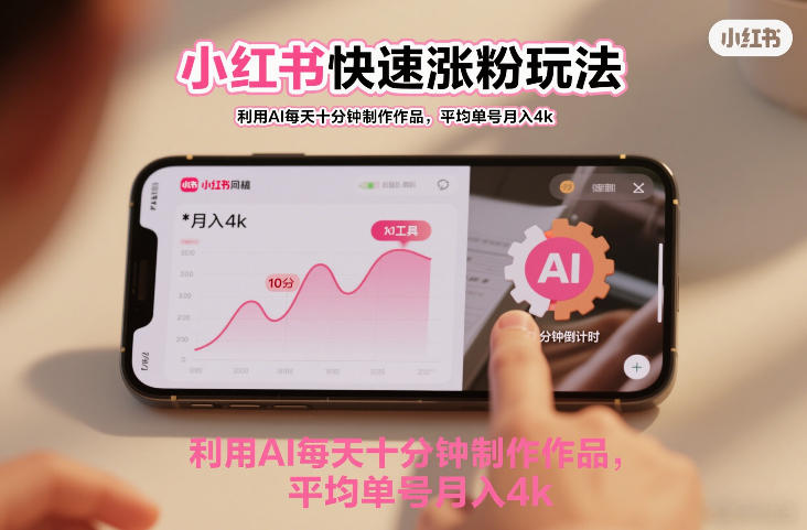 小红书快速涨粉玩法，利用AI每天十分钟制作作品，平均单号月入4k-鼎铸网