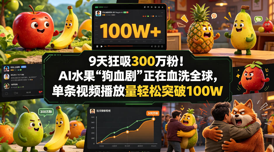 9天狂吸300w粉！AI水果“狗血剧”正在血洗全球，单条视频播放量轻松突破100W-鼎铸网