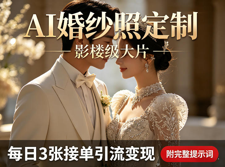 aie5a99ae7bab1e785a7e5ae9ae588b6e5bdb1e6a5bce7baa7e5a4a7e78987efbc8ce6af8fe697a53e5bca0e68ea5e58d95e5bc95e6b581e58f98e78eb0efbc8c_69daf98978e75.jpeg AI婚纱照定制影楼级大片,每日3张接单引流变现,轻松实现副业增收(附完整提示词)