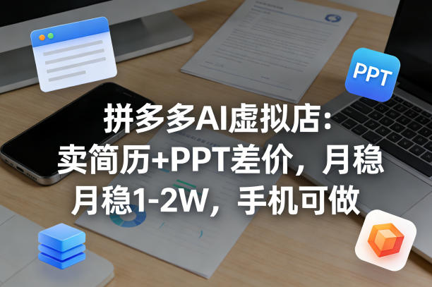 【暴力项目】拼多多AI虚拟店：卖简历+PPT差价，月稳1-2W，手机可做-鼎铸网