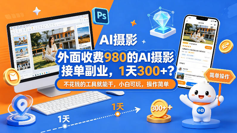 外面收费980的AI摄影接单副业，1天300+？不花钱的工具就能干，小白可玩，操作简单-鼎铸网