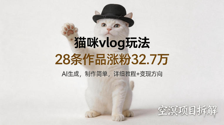 猫咪vlog玩法，28条作品涨粉32.7W，AI生成，制作简单，详细教程+变现方向-鼎铸网