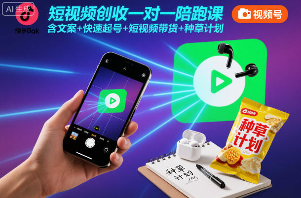 短视频创收一对一陪跑课，含文案+快速起号+短视频带货+种草计划-鼎铸网