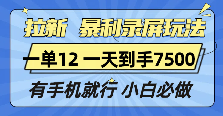 拉新暴利录屏玩法，一单12块，一天到手7500，有手机就行-鼎铸网