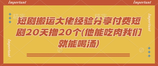 短剧搬运大佬经验分享付费短剧20天撸20个(他能吃肉我们就能喝汤)-鼎铸网
