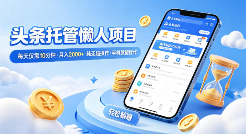 头条托管懒人项目，每天仅需10分钟，月入2000+，纯无脑操作，手机就能操作【揭秘】-鼎铸网