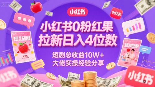 小红书0粉红果短剧拉新日入4位，数短剧总收益10W+大佬实操经验分享-鼎铸网