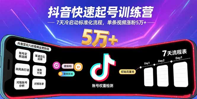 抖音快速起号训练营，7天冷启动标准化流程，单条视频涨粉5万+-鼎铸网