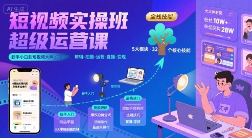 短视频实操班超级运营课，新手小白到短视频大神必修课程，剪辑-拍摄-运营-直播-变现-鼎铸网