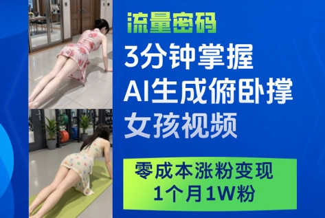 3分钟掌握AI生成俯卧撑女孩视频，零成本涨粉变现，1个月1W粉-鼎铸网