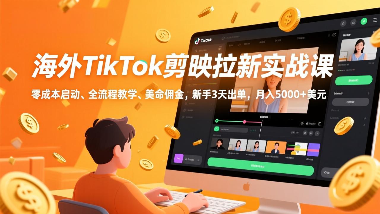 海外TikTok剪映拉新实战课，零成本启动、全流程教学、美金佣金，新手3天出单，月入5000+美元-鼎铸网