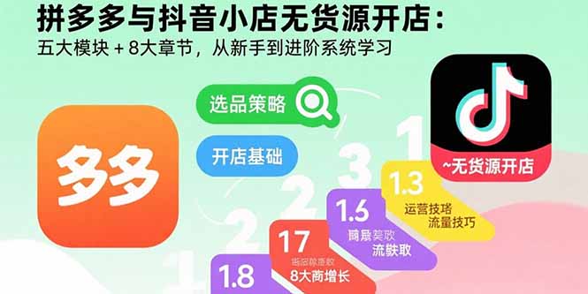 拼多多与抖音小店无货源开店：五大模块+8大章节，从新手到进阶系统学习-鼎铸网