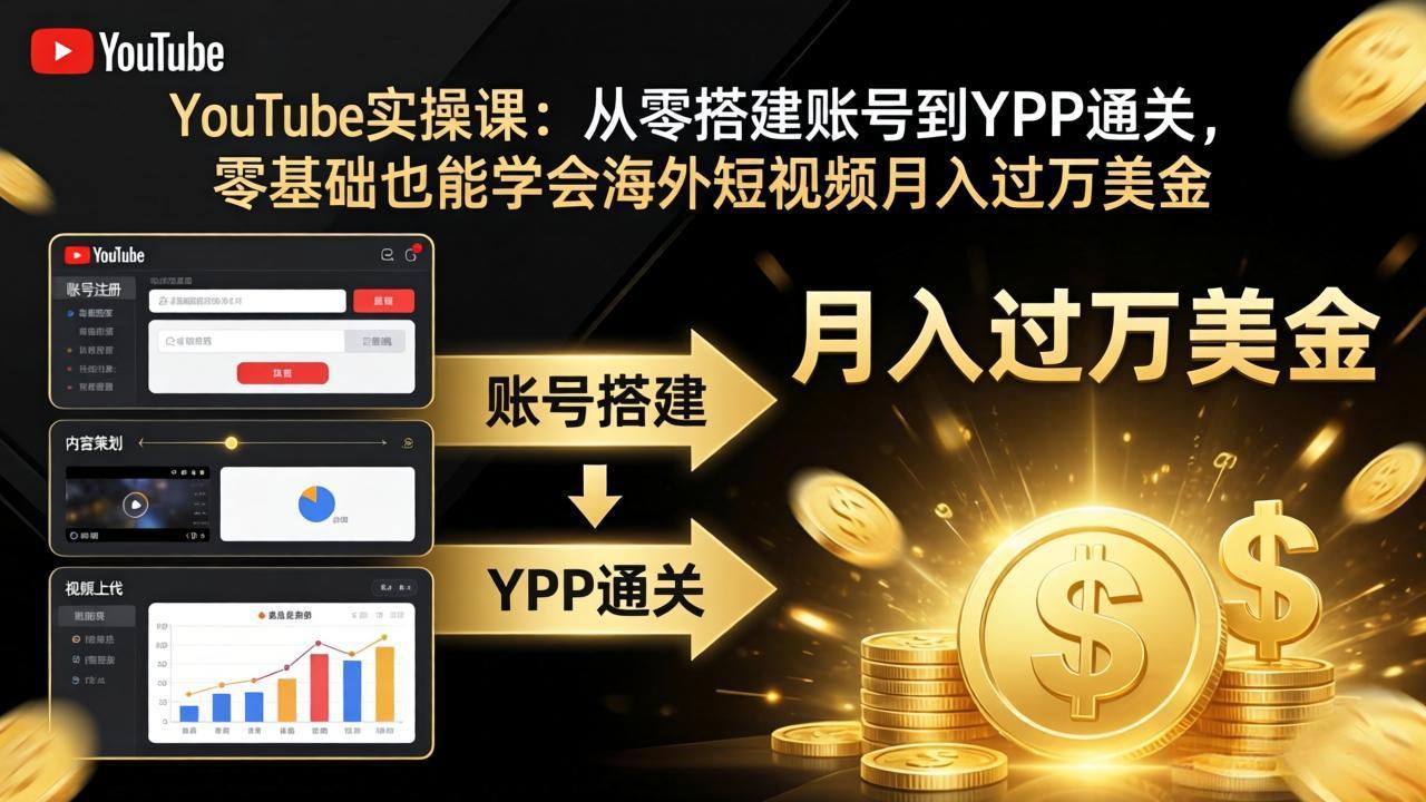 YouTube实操课：从零搭建账号到YPP通关，零基础也能学会海外短视频月入过万美金-鼎铸网