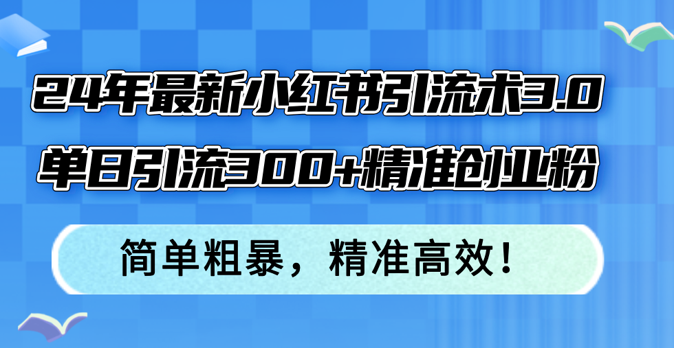 24年最新小红书引流术3.0，单日引流300+精准创业粉，简单粗暴，精准高效！-鼎铸网