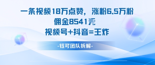 一条视频18W点赞，涨粉6.5W粉佣金8541米，视频号+抖音=王炸-鼎铸网