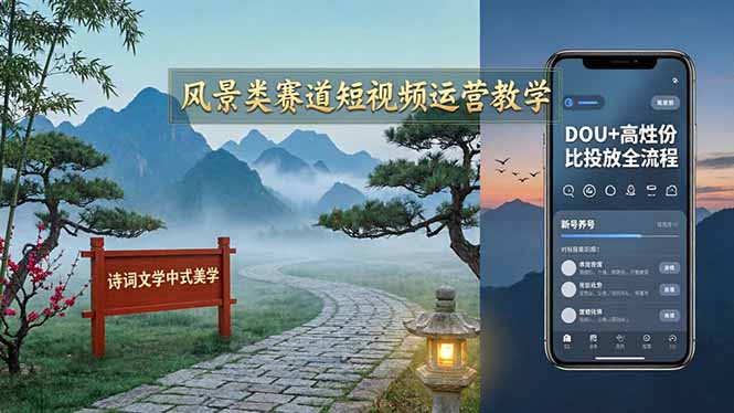 23b5b6585d3028dbf037a93425604ede.jpeg 风景类赛道短视频运营教学:诗词文学中式美学,新号养号对标账号定位,DOU+高性价比投放全流程