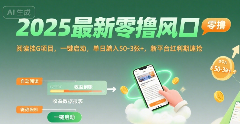 2025最新零撸风口，阅读挂G项目，一键启动，单日躺入 50-3张+，新平台红利期速抢【揭秘】-鼎铸网