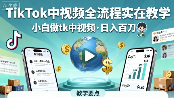 TikTok中视频全流程实操教学，小白做tk中视频，日入百刀-鼎铸网
