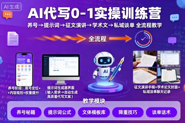 AI代写0-1实操训练营，从养号、提示词、征文演讲、学术文，到私域谈单的全流程教学-鼎铸网