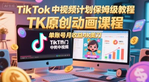 TikTok中视频计划保姆级教程，TK原创动画课程，单账号月收益4k美刀-鼎铸网