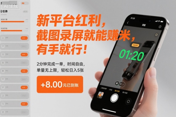 新平台红利，截图录屏就能賺米，有手就行！2分钟完成一单，时间自由，单量无上限，轻松日入5张【揭秘】-鼎铸网