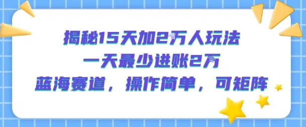 揭秘15天加2W人玩法，一天最少2万进账，蓝海赛道，操作简单，可矩阵-鼎铸网