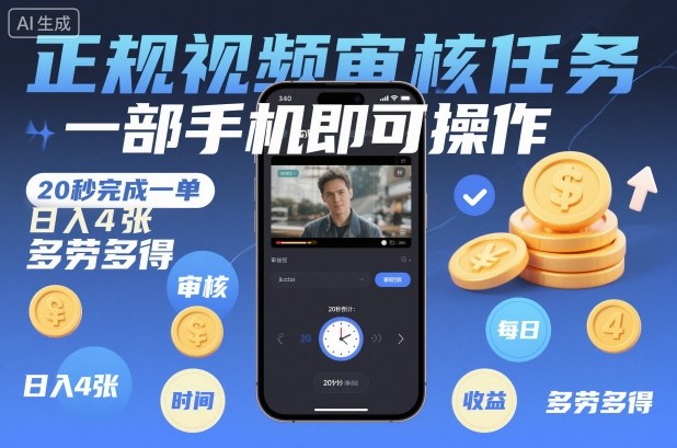 正规视频审核任务，一部手机即可操作，20秒完成一单，日入4张，多劳多得【揭秘】-鼎铸网