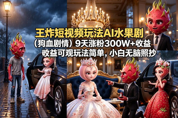 王炸短视频玩法AI水果剧(狗血剧情)9天涨粉300W+收益可观玩法简单，小白无脑照抄，详细拆解玩法-鼎铸网