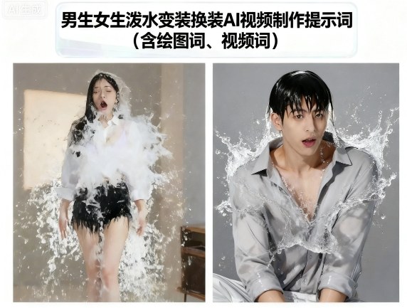 男生女生泼水变装换装AI视频制作提示词(含绘图词、视频词)-鼎铸网