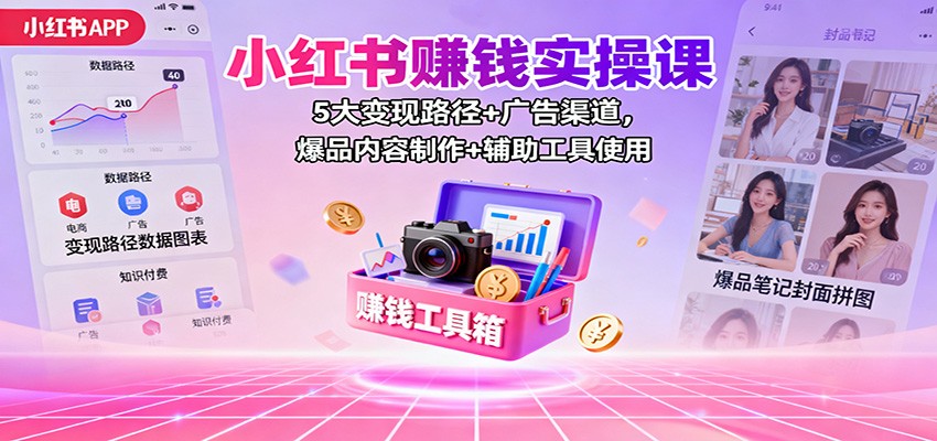 小红书赚钱实操课：5大变现路径+广告渠道，爆品内容制作+辅助工具使用-鼎铸网