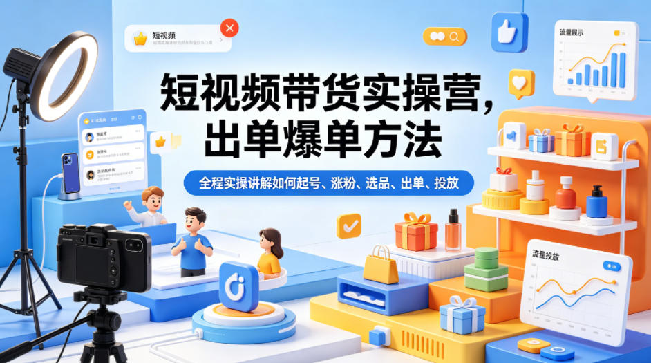 短视频带货实操营，出单爆单方法，全程实操讲解如何起号、涨粉、选品、出单、投放-鼎铸网