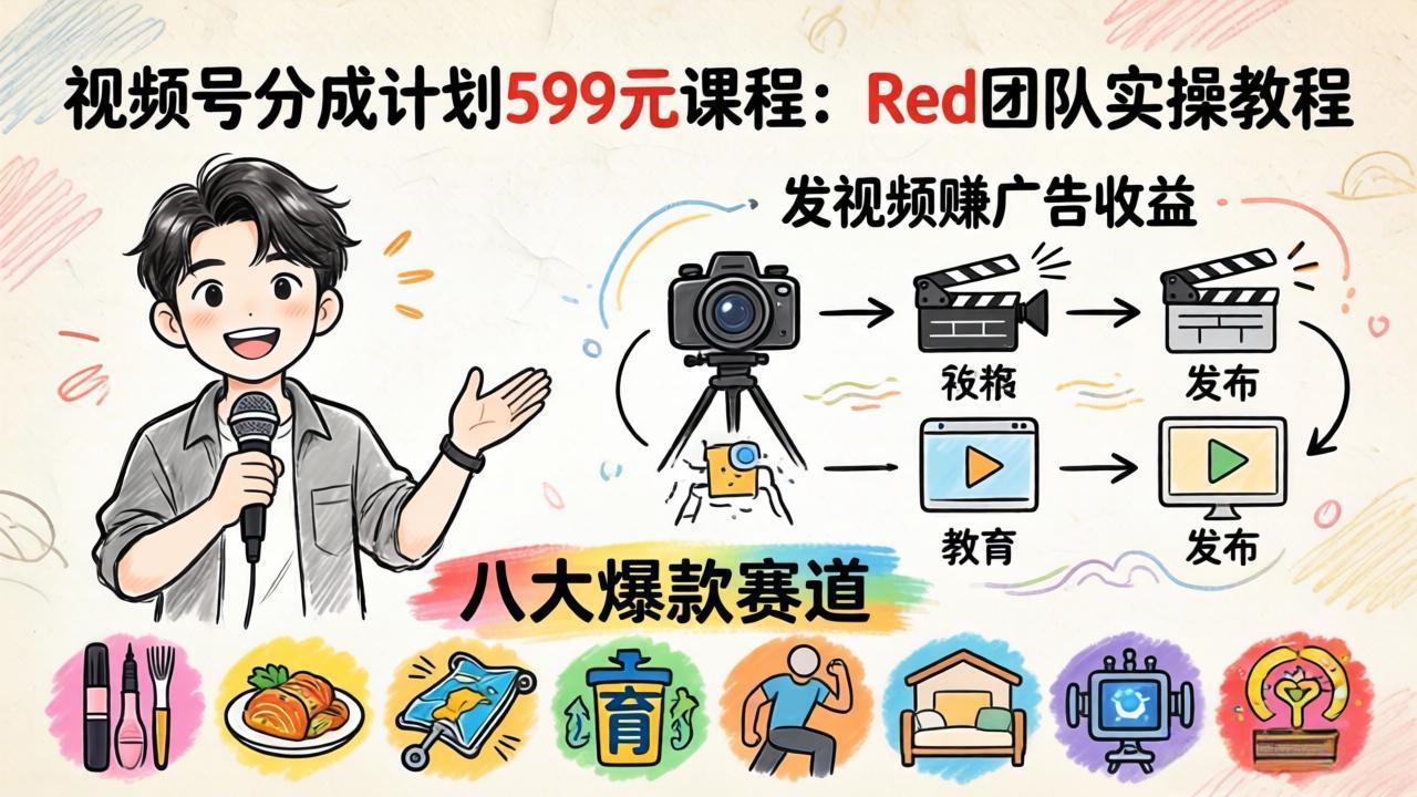 视频号分成计划599元课程：Red团队实操教程，发视频赚广告收益，八大爆款赛道全掌握-鼎铸网