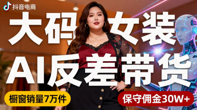 抖音小众赛道，大码女装AI反差带货，不用直播，每天6条作品，橱窗卖7万件，保守佣金30W+-鼎铸网