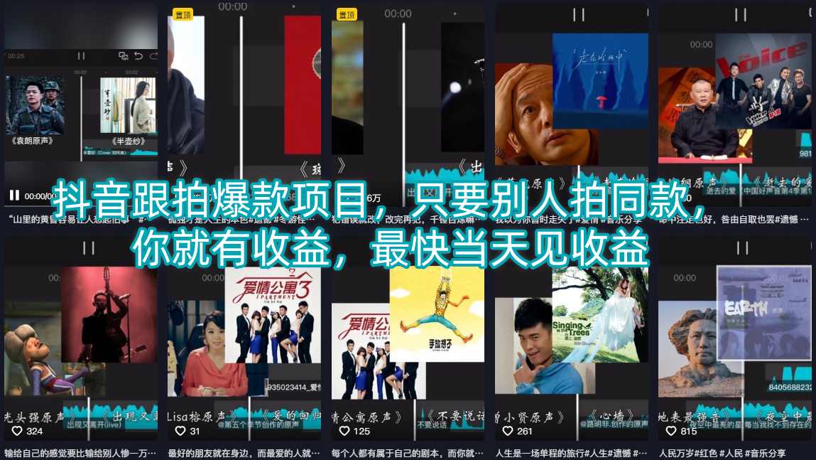 抖音跟拍爆款项目，只要别人拍同款，你就有收益，最快当天见收益-鼎铸网