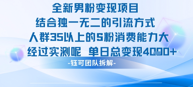 全新男粉变现项目引流人群35以上的男粉消费能力大 经过实测单日变现1k+-鼎铸网