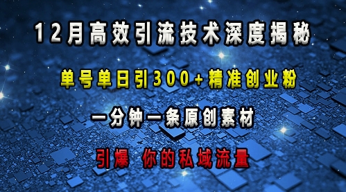 最新高效引流技术深度揭秘 ，单号单日引300+精准创业粉，一分钟一条原创素材，引爆你的私域流量-鼎铸网