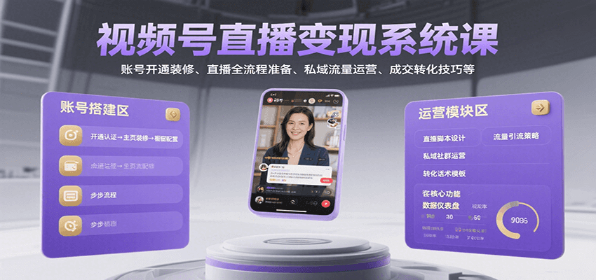 视频号直播变现系统课，账号开通装修、直播全流程准备、私域流量运营、成交转化技巧等-鼎铸网