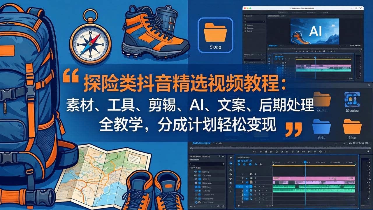 探险类抖音精选视频教程：素材、工具、剪辑、AI、文案、后期处理全教学，分成计划轻松变现-鼎铸网