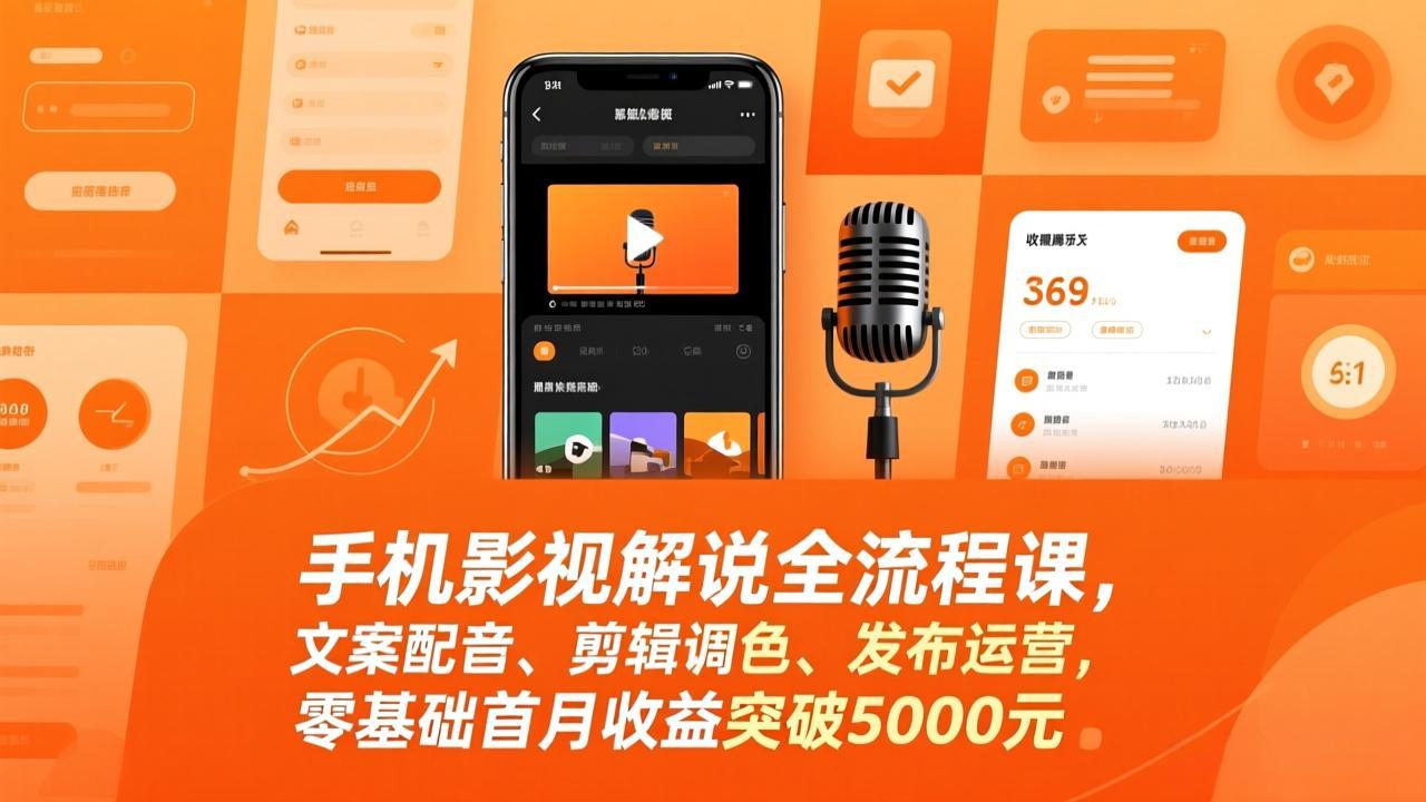 手机影视解说全流程课，文案配音、剪辑调色、发布运营，零基础首月收益突破5000元-鼎铸网