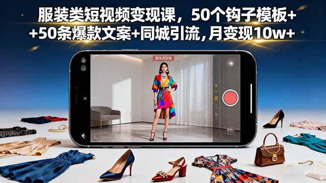 服装类短视频变现课，50个钩子模板+50条爆款文案+同城引流，月变现10w+-鼎铸网