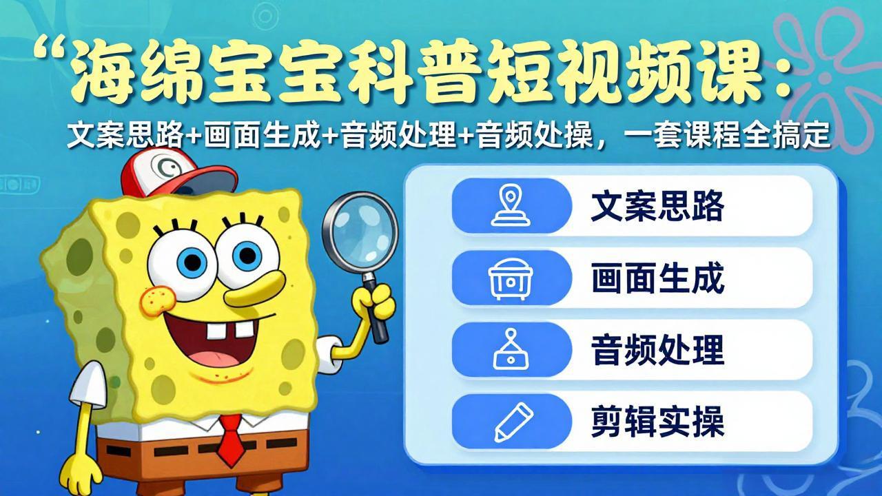 海绵宝宝科普短视频课：文案思路+画面生成+音频处理+剪辑实操，一套课程全搞定-鼎铸网